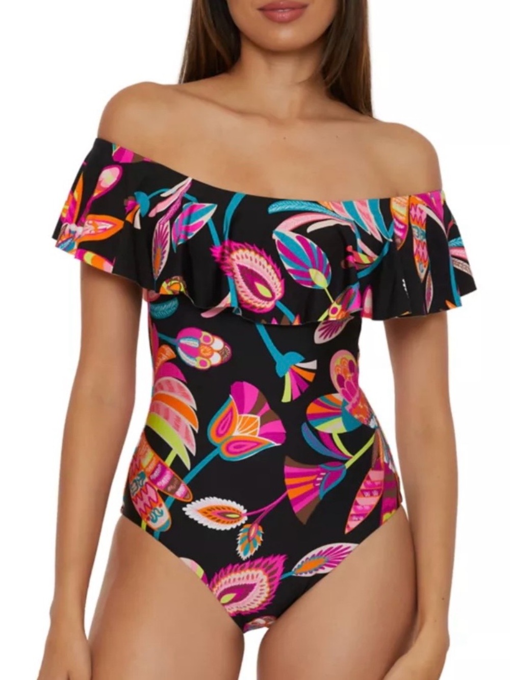 Trina Turk One Piece Swimsuit Size 6 NWT Black Floral Off Shoulder Ruffle $172